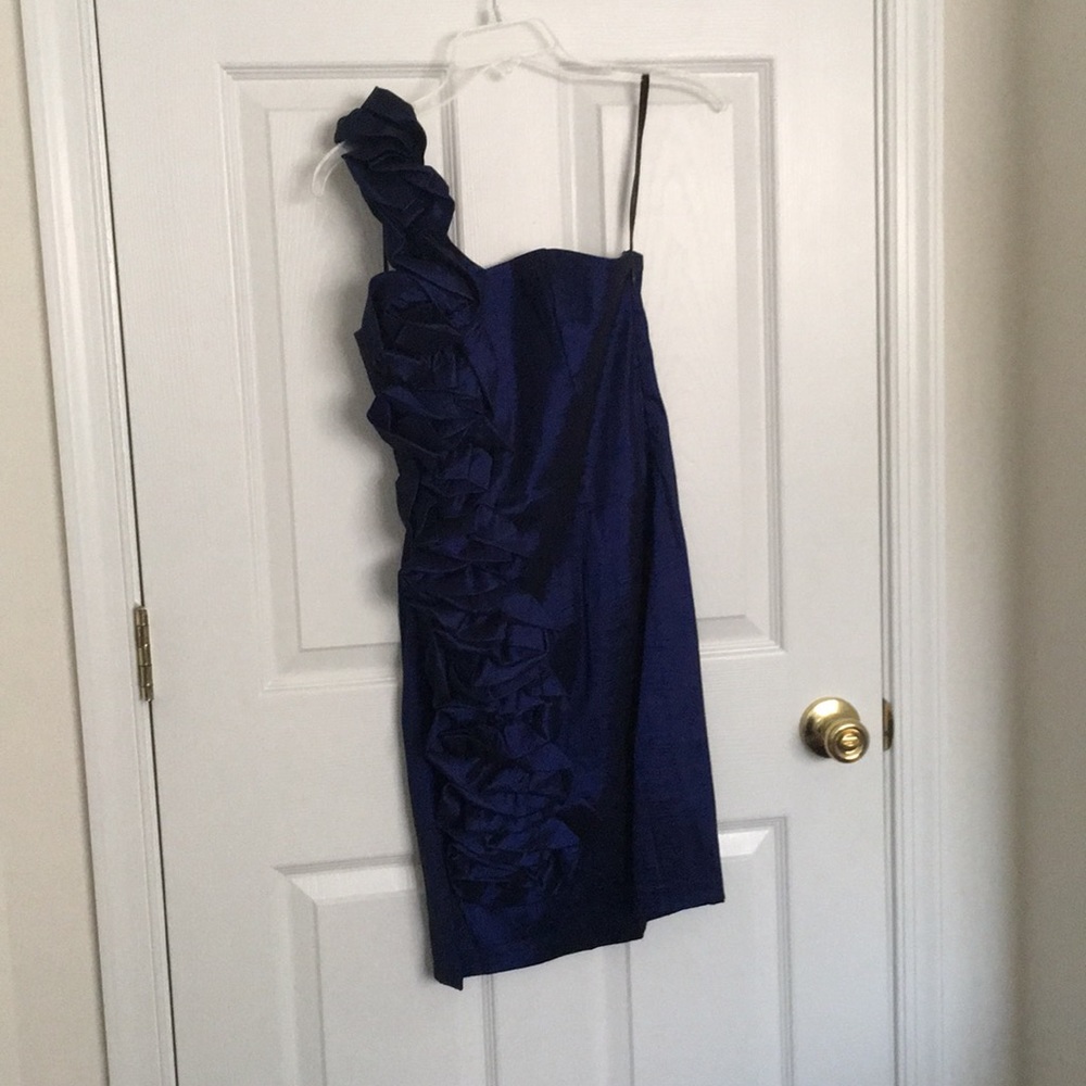 Navy off the shoulder body con dress with ruffle